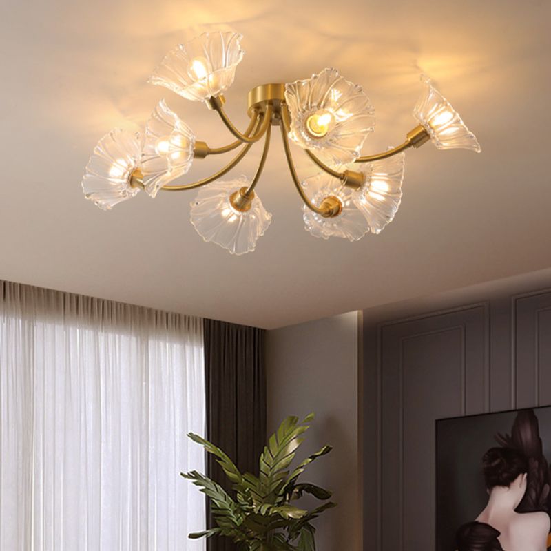 Flower Shape Glass Flush Mount Light Modern Multi Lights Ceiling Mount Light in Brass