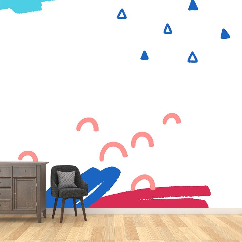 Kids Scribbles Mural Wallpaper Blue-Red Arch and Triangle Pattern Wall Art for Nursery