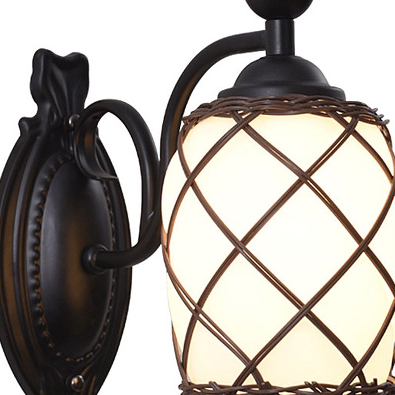 Cylinder Cream Glass Wall Light Fixture Traditional 1 Light Bedroom Wall Lamp with Bamboo-Woven Shade in Black