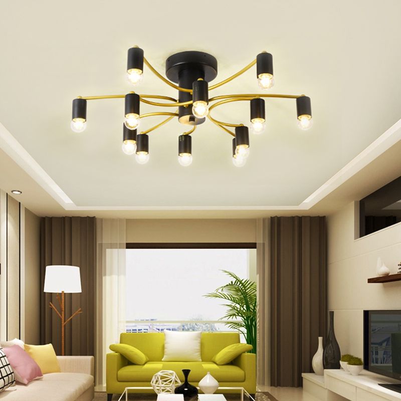 Sputnik Living Room Semi Flush Mount Modern Metal 12/16 Lights Semi Flush Ceiling Lamp in Gold/Black