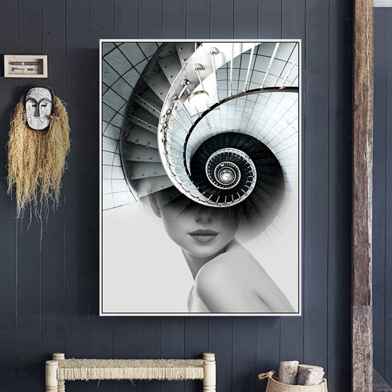 Stair and Girl Canvas Print Textured Contemporary Style for Girls Bedroom Painting
