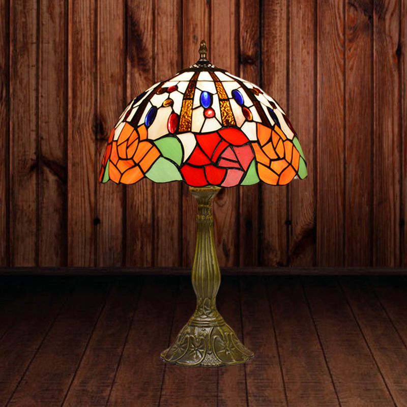 Lampada da tavolo floreale in stile vittoriano Lampada da comodino in vetro colorato rosso/arancione a 1 testa per camera da letto