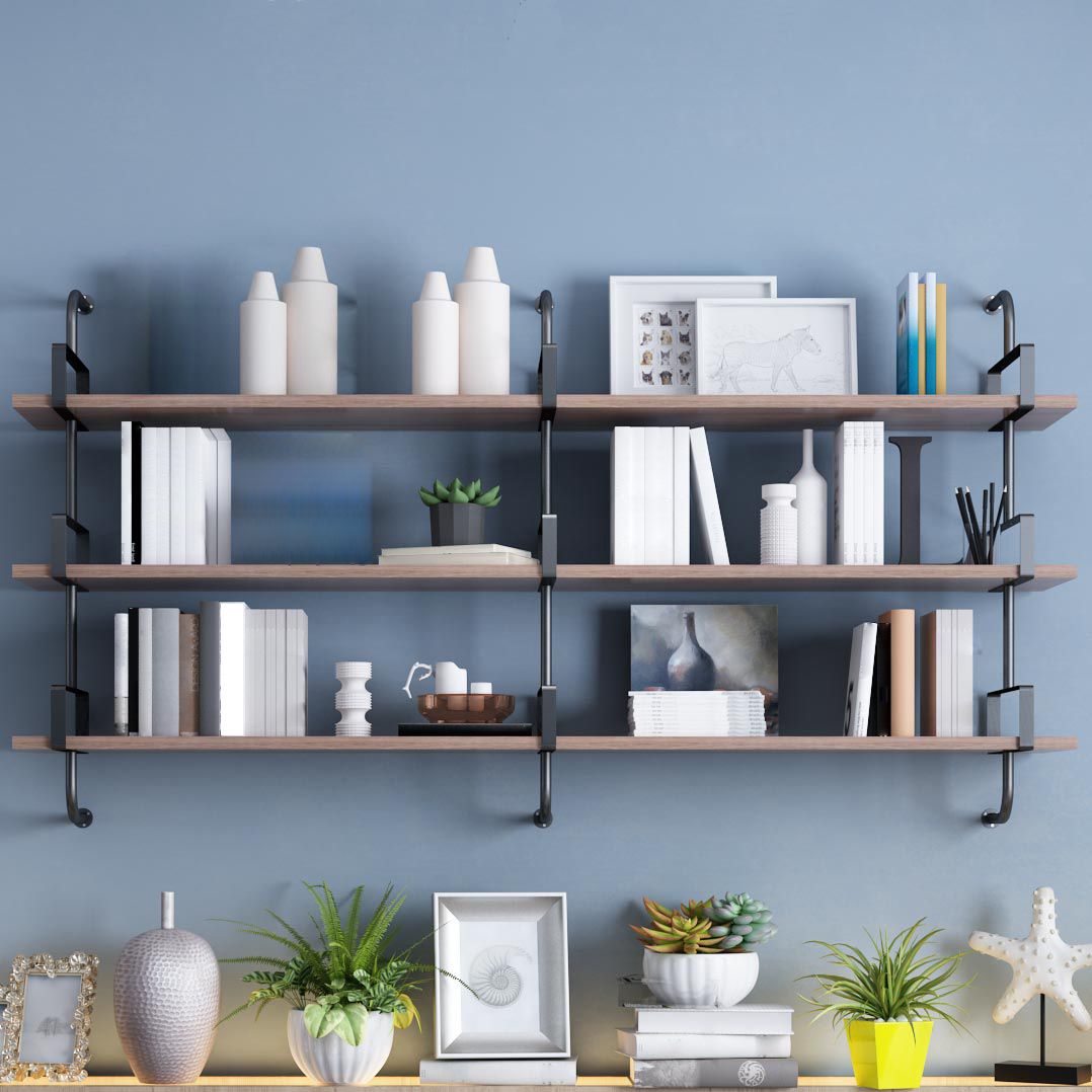 Contemporary Pine Solid Wood Bookcase Wall Mounted Metal Frame Closed Back Bookshelf