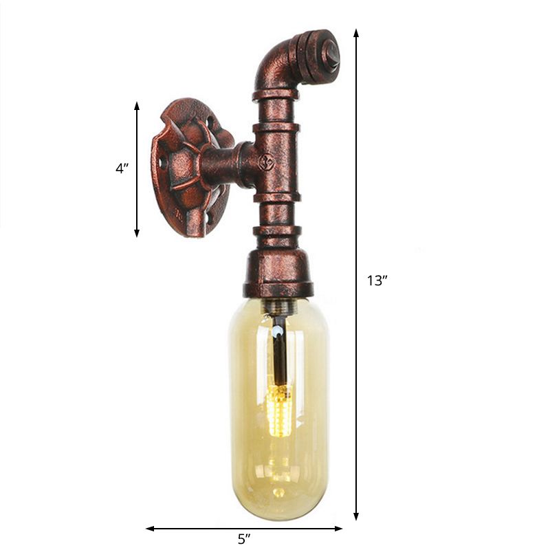 Weathered Copper Capsule Wall Light Rustic Metal 1 Head 9"/10.5"/12" High Bedroom Sconce Lamp with Pipe Design