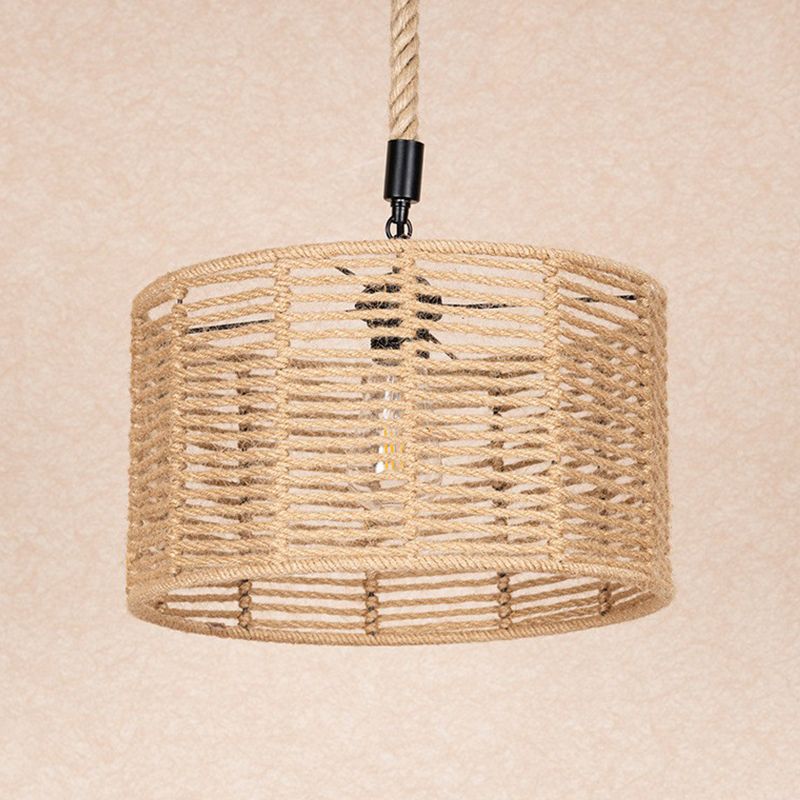 Lámpara de techo de restaurante rústico de tambor de tambor de cuerda natural en marrón