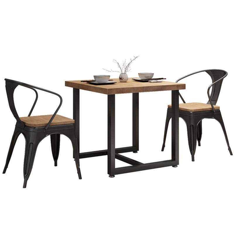 Industrial Solid Wood Dining Table Square Table in Brown with Metal Trestle Base