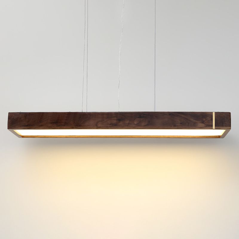 Walnut Wood Rectangular Pendant Light Nordic Dark Brown LED Hanging Light over Island