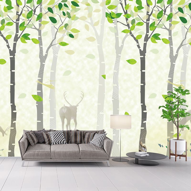 Deer in Spring Forest Murals Yellow-Green Nordic Style Wall Covering for Living Room