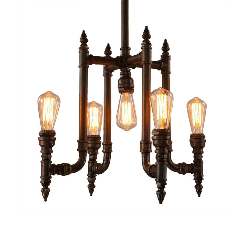 Rust 5 Bulbs Chandelier Lighting Antiqued Metallic Radial Pipe Ceiling Hang Fixture for Living Room