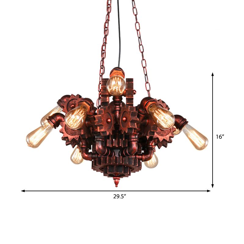 Gear Living Room Pendant Chandelier Vintage Wrought Iron 9 Lights Weathered Copper Hanging Fixture with Chain