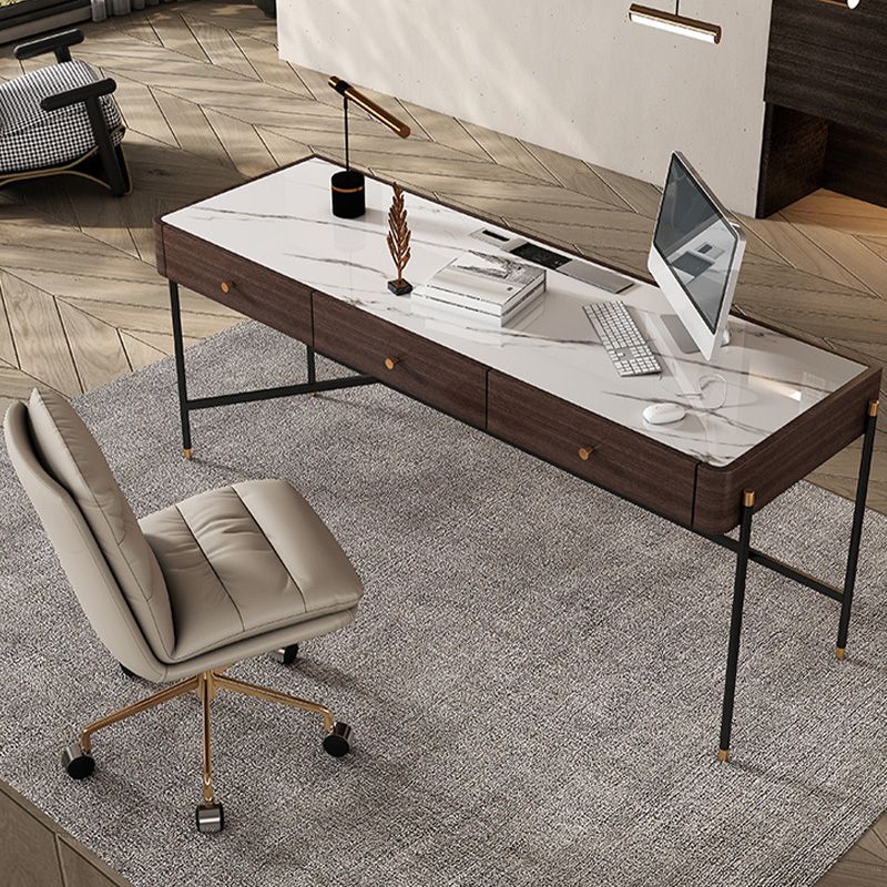 Glam Rectangular Writing Desk Stone Office Desk with 3 Drawers