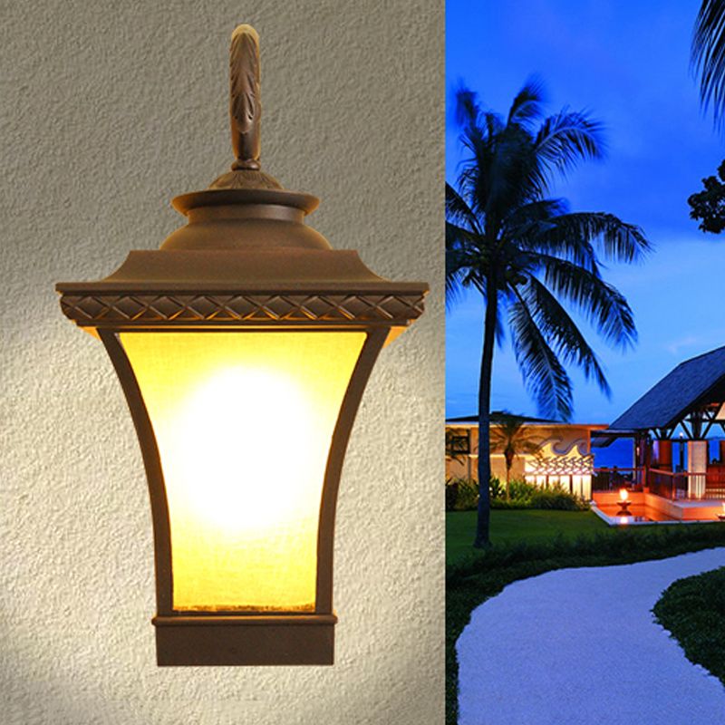 1 Bulb Wall Light Fixture Classic Patio Wall Lighting Ideas with Lantern Yellow Glass Shade in Coffee