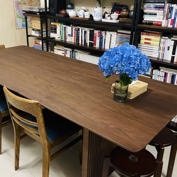 Rectangle Double Pedestal Modern Dining Table Wood Color Fixed Table with Solid Wood