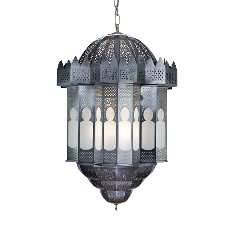 6 Heads Lantern Ceiling Chandelier Art Deco Grey Finish Metallic Hanging Pendant Light
