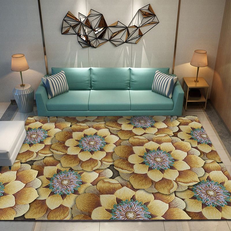 Black Oriental Area Carpet Flower Print Polyester Area Rug Stain Resistant Rug for Home Decor