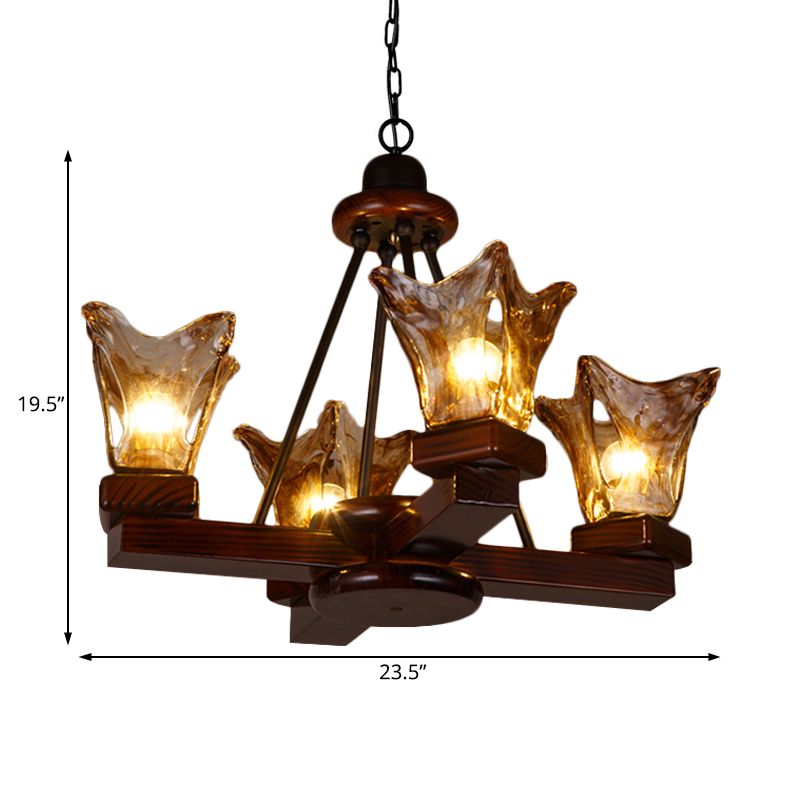 Wood Flower Shaped Hanging Chandelier Rustic 4/6 Lights Dining Room Pendant Light in Red Brown with Tan Textured Glass