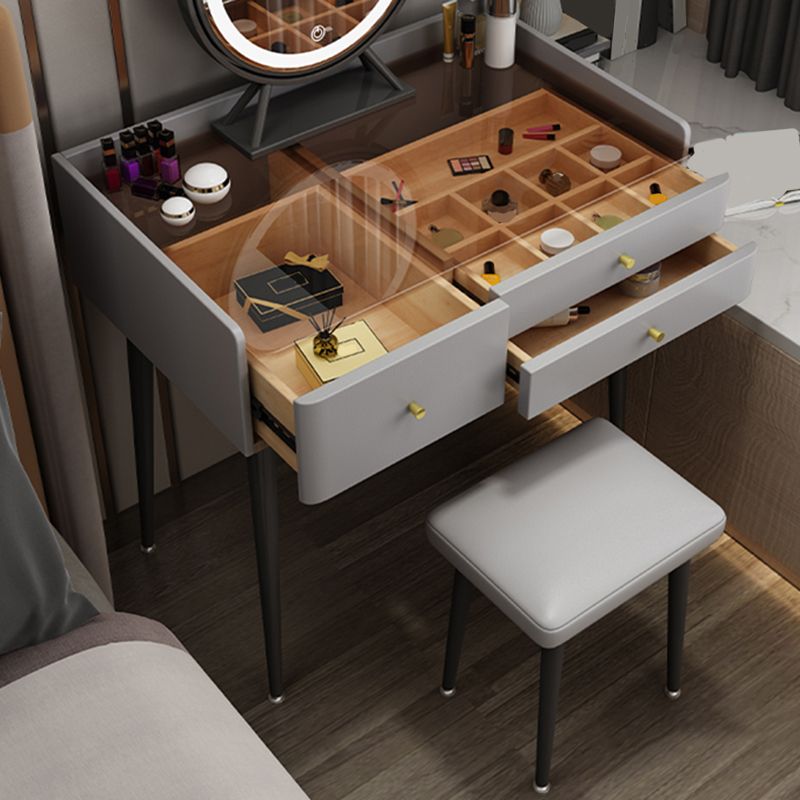 Modern Glass Top Makeup Vanity Table in Gray with Storage Drawers