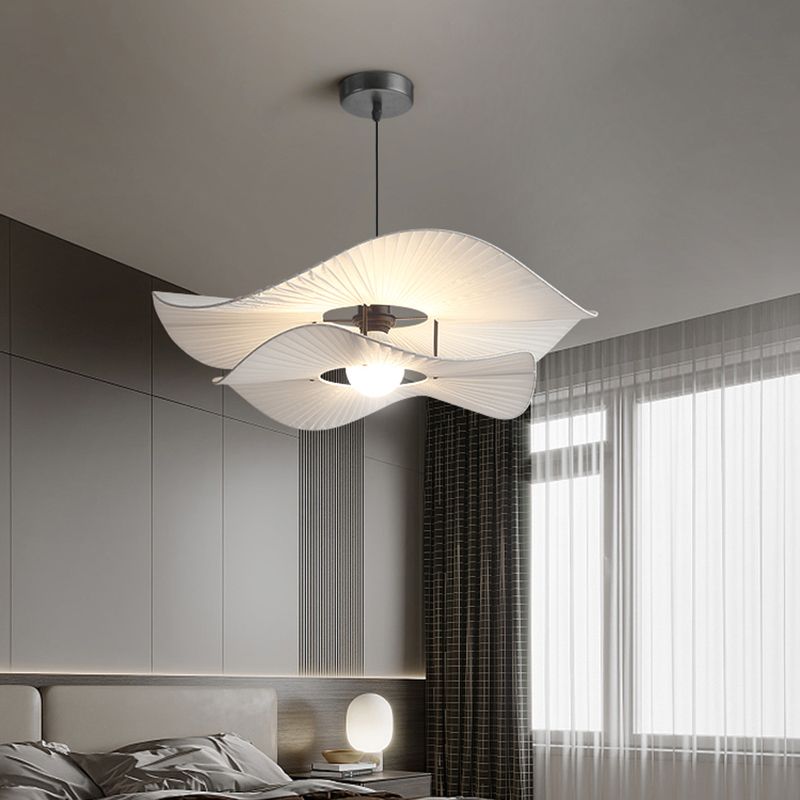 White Ruffled Suspension Lamp Minimalism 1 Bulb Fabric Pendant Light Fixture for Bedroom