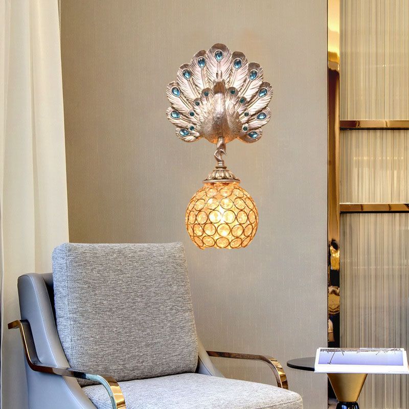 Dome Metal and Crystal Wall Light Antique Style 1 Light Corridor Wall Sconce Light with Silver Peacock Backplate