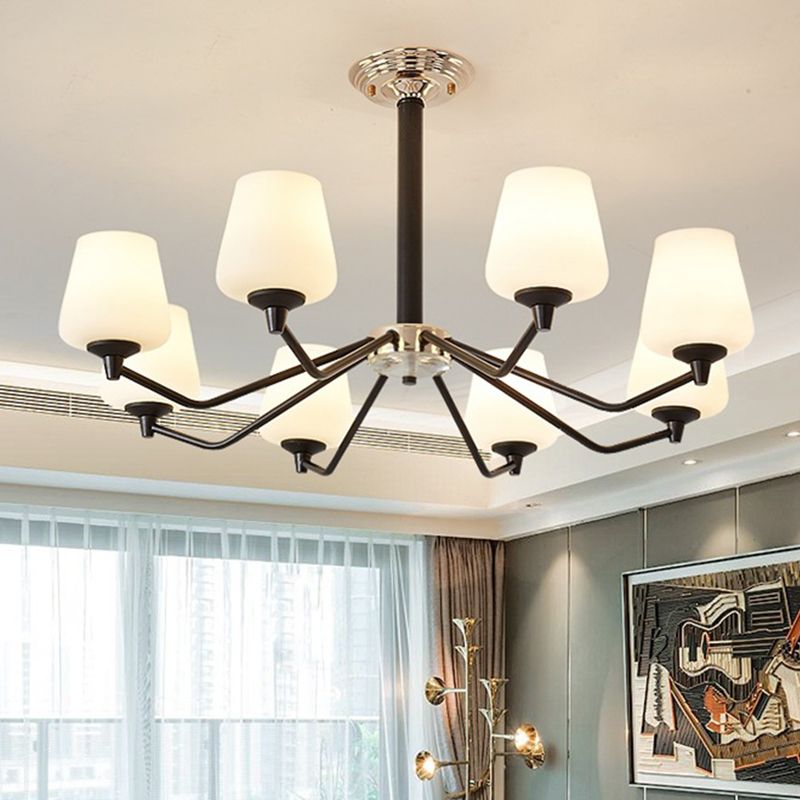 8/10 Lights Sputnik Chandelier Traditional Black Milky Glass Pendant Light Fixture with Cup Shade