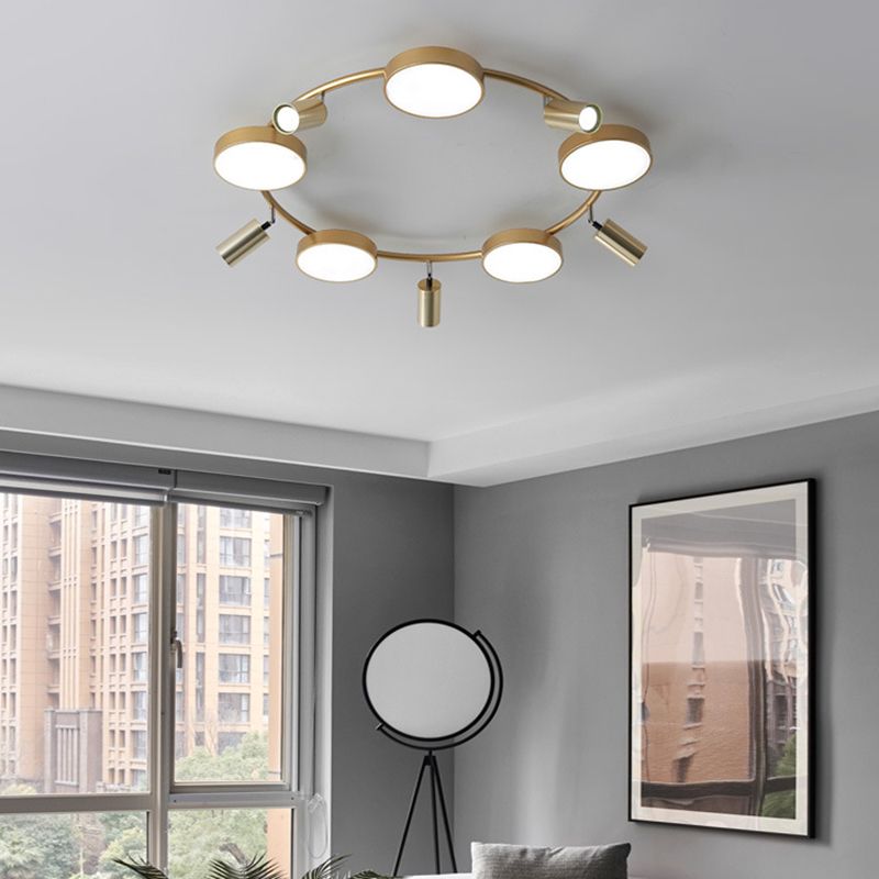 Circle Semi-Flush Mount Modernist Metal 10 Bulbs Gold Ceiling Light Fixture for Living Room