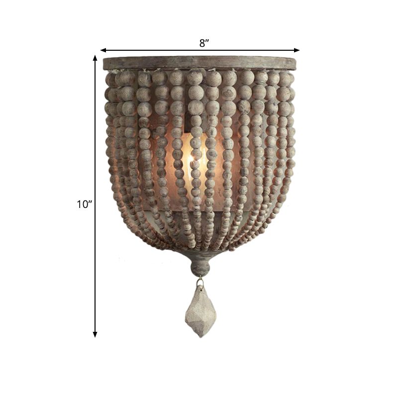 1 Light Wood Wall Mount Lamp Countryside Grey Beaded Living Room Sconce Light Fixture