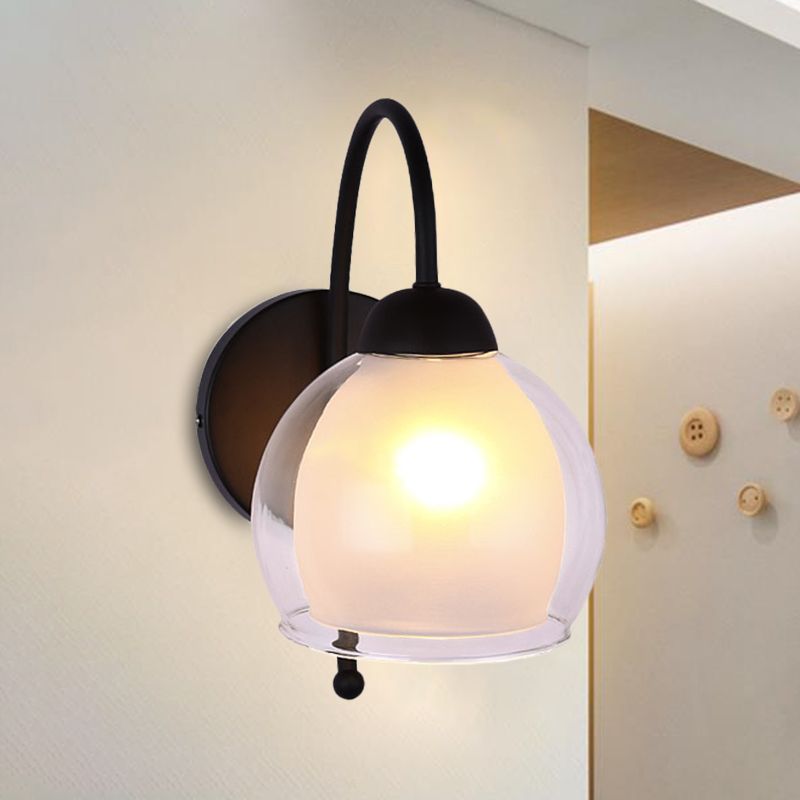 Modern Round Wall Lighting Frosted Glass 1 Head Sconce Light Fixture in Black with Metal Curvy Arm