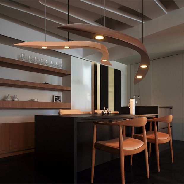 Minimalist Novelty 3-Light Pendant Curved Pendant Light with Wooden Shade for Bar