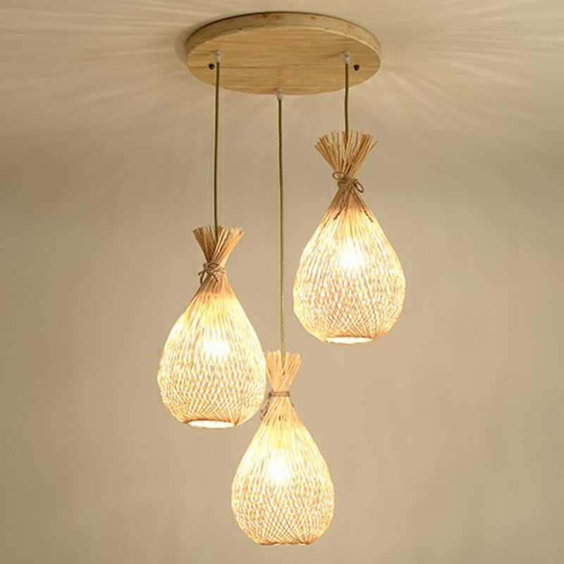 Wood Teardrop Shaped Hanging Light Fixture Cottage 3 Heads Bamboo Cluster Pendant Light