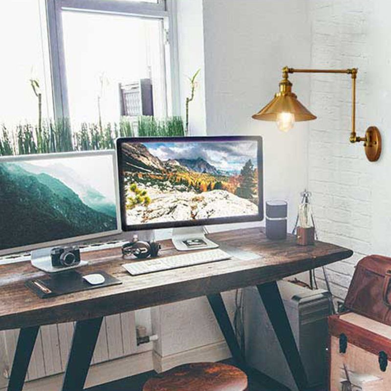 Industrial Style Swing Arm Wall Sconce Metal 1 Light Sconces in Gold for Bedroom