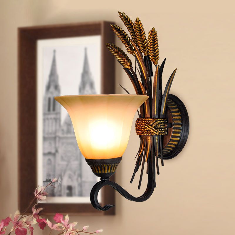 Bell Bedroom Wall Sconce Light Vintage Frosted Glass 1-Head Black and Gold Wall Lighting