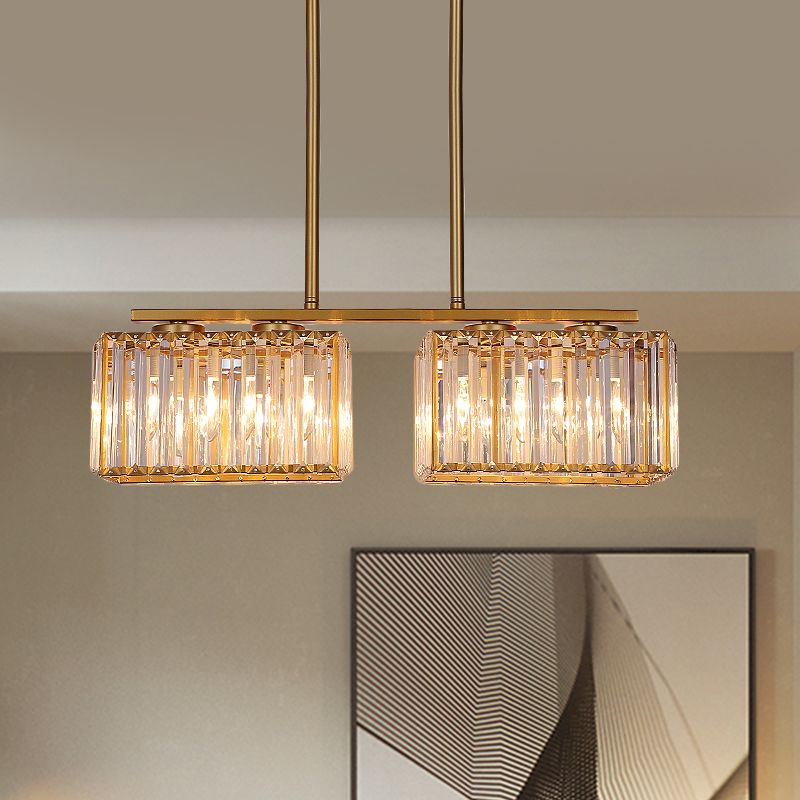 Gold 4/6/8 Bulbs Pendant Lighting Contemporary Metal Linear Island Lamp with Clear Cuboid Crystal Shade for Dinning Room