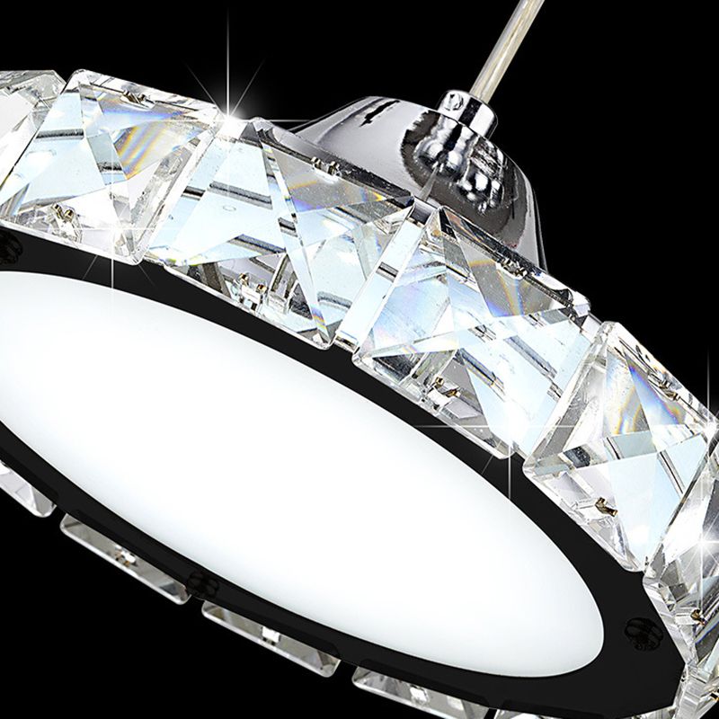 Chrome Finish Circular LED Pendant Modern Crystal Embedded Hanging Ceiling Light
