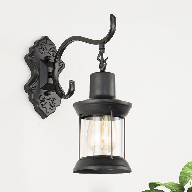 Lantern Clear Glass Wall Mounted Lamp Vintage Single Bulb Outdoor Sconce Light in Black with Carved Pattern