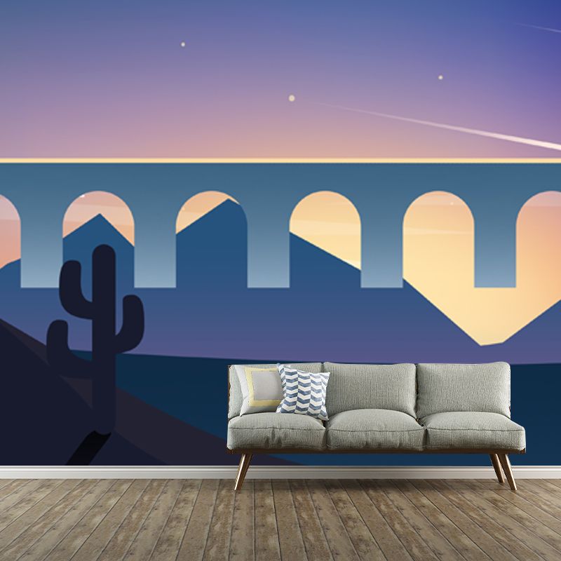 Purple-Blue Wild Cactus Mural Meteor Night Sky Nordic Water-Proof Wall Decor for Bedroom