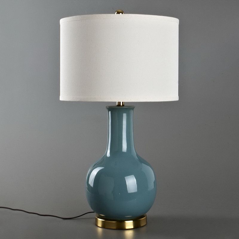 Drum Night Stand Light Modern Fabric 1 Head Living Room Table Lamp with Vase Ceramic Base in White/Red/Blue
