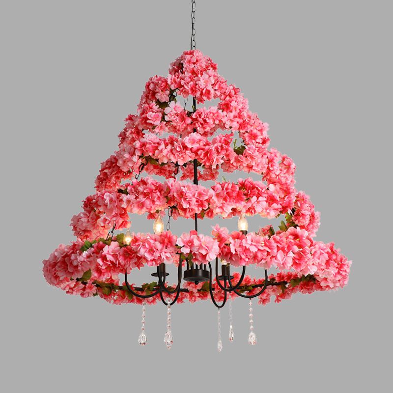 Cherry Blossom Restaurant Chandelier Light Industrial Metal 5 Bulbs Pink Hanging Lamp with Dangling Crystal, 31.5"/43" W