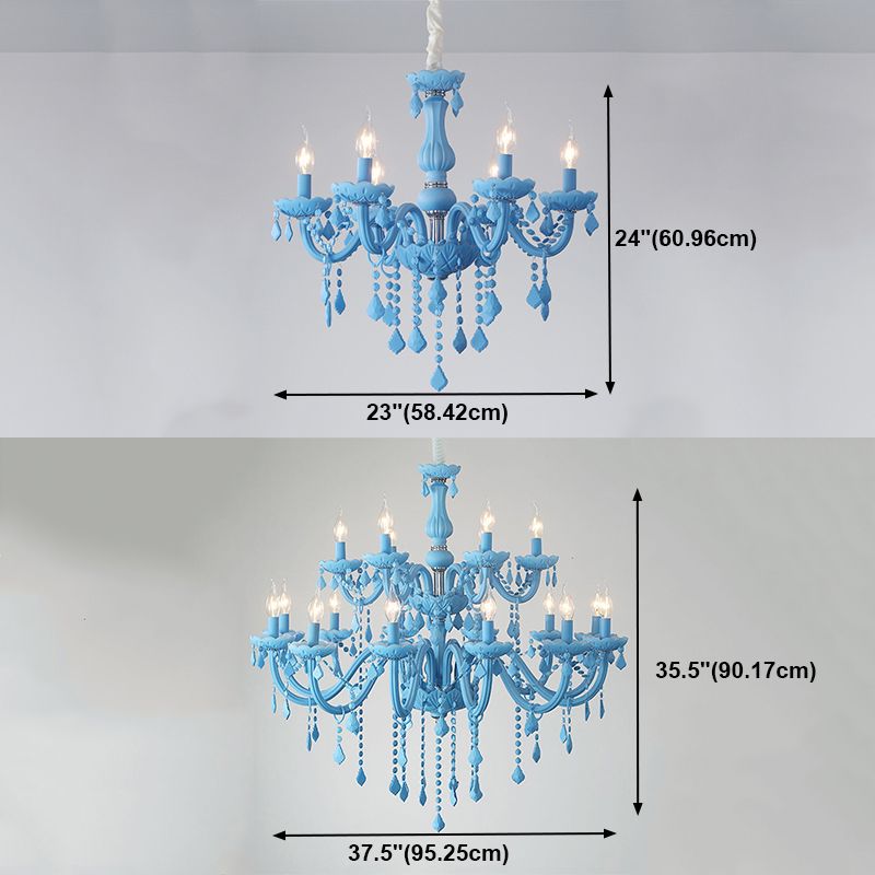 Multi Light Candle Branch Hanging Pendant Modern Style Crystal Hanging Lighting in Blue