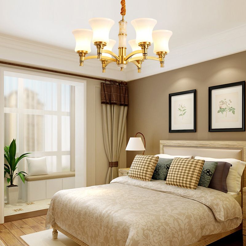 Traditional Flare Chandelier Lighting Fixture Opal Frosted Glass Pendant Lamp for Bedroom