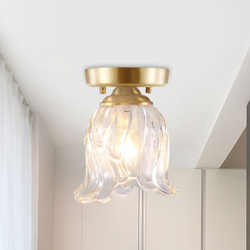 Brass 1-Light Semi Flush Mount Traditional Clear Ripple/Fluted Glass Cone/Flower Ceiling Flush for Living Room