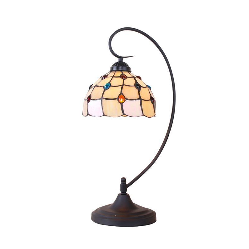 Beige/White and Silver Glass Black Night Lamp Lattice Bowl 1 Head Victorian Nightstand Light with Curvy Arm