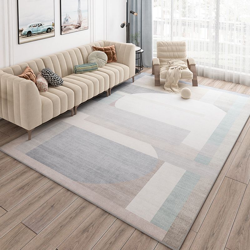 Beige Living Room Area Rug Geometric Pattern Modern Area Carpet Polyester Non-Slip Backing Rug