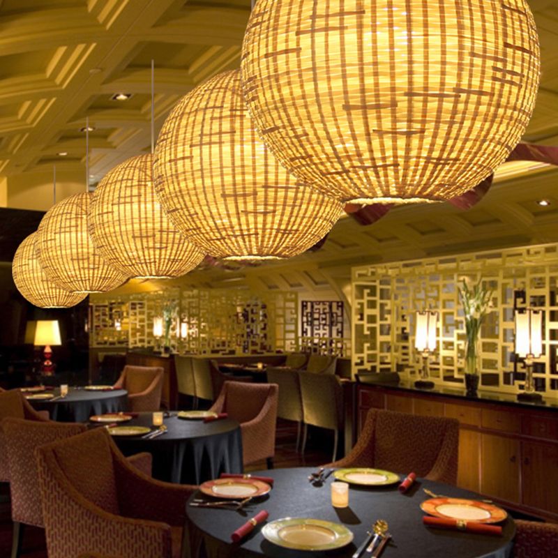 16"/19.5" Wide 1 Light Dining Room Ceiling Light Asia Beige Suspension Pendant with Globe Bamboo Shade