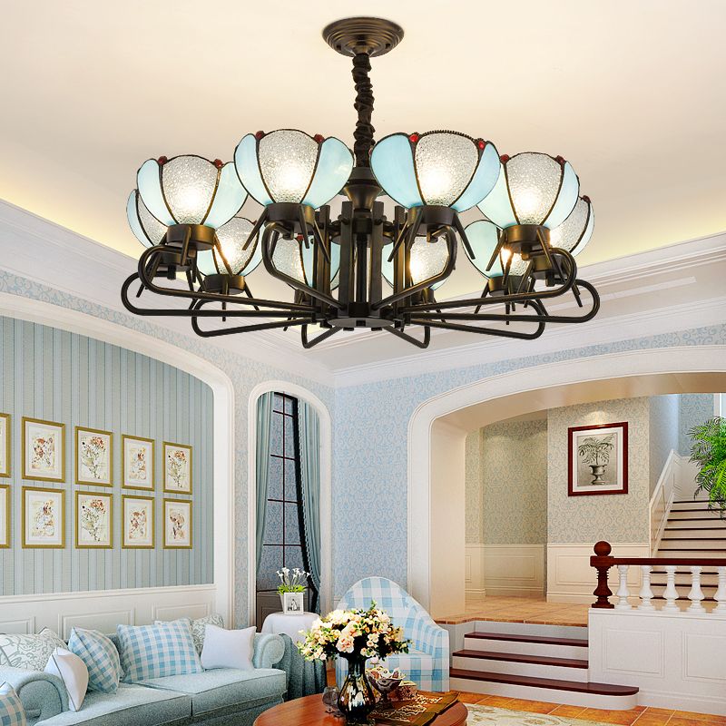 Blue Glass Petal Chandelier Lighting with Hanging Chain Tiffany Suspension Light for Living Room