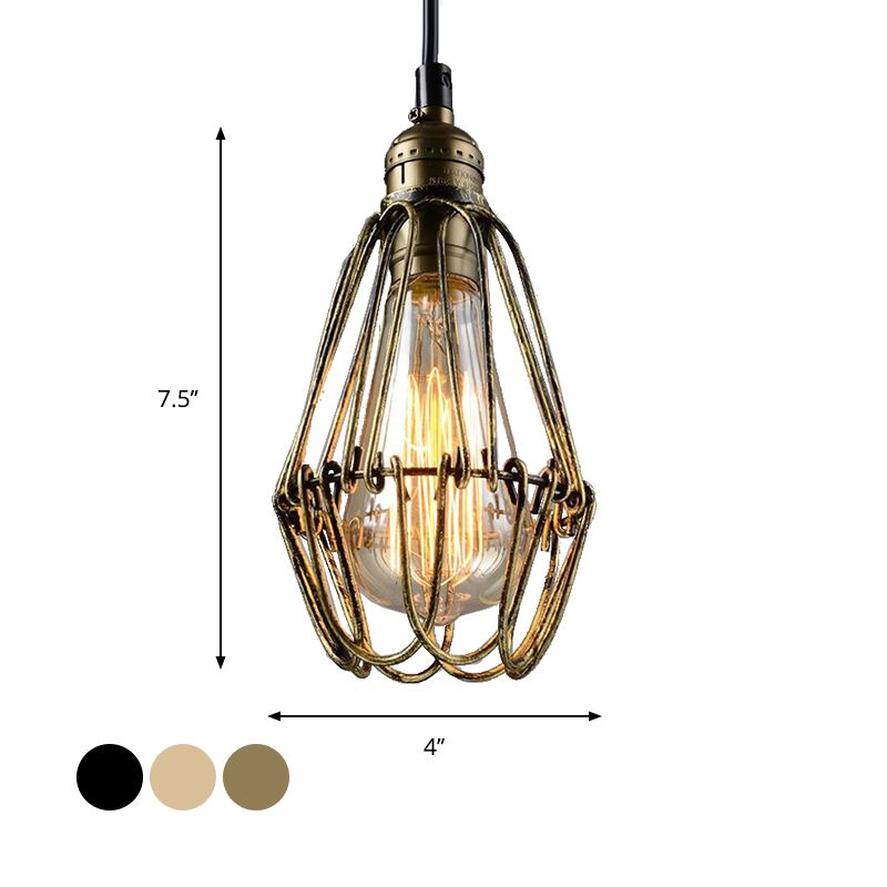 Rustic Style Diamond Cage Hanging Light 1 Head Wrought Iron Pendant Lighting in Black/Brass for Restaurant