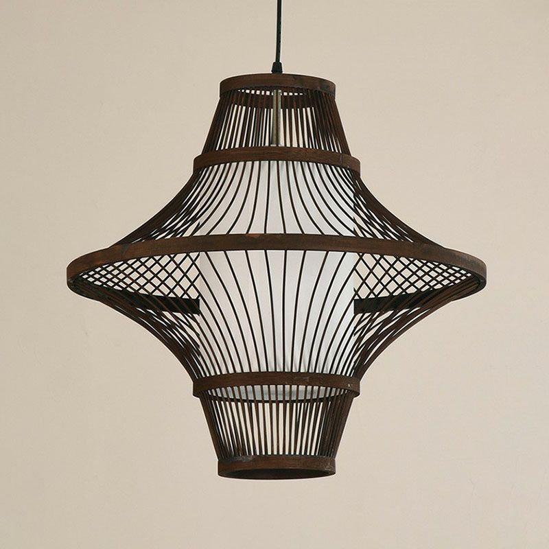 Flared Bamboo Pendant Light Fixture Asian Single Bulb Suspension Lighting with White Shade Inner