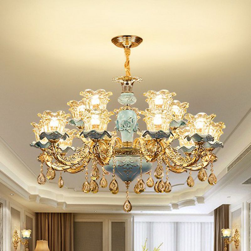 Blau geschichtete Blume auf Kronleuchter traditioneller klarer Kristallglas Schlafzimmer Suspension Licht