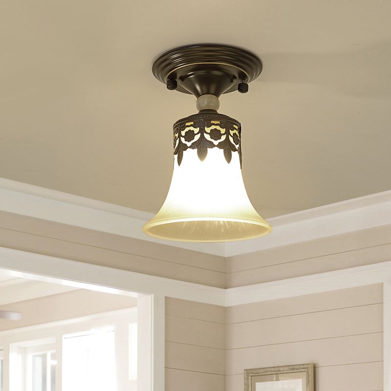 Single Trumpet Flare Flush Ceiling Light Countryside Beige Frosted Glass Semi Mount Lighting for Foyer