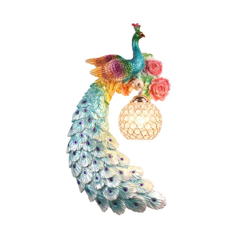 1/2-Pack Blue/Green Peacock Wall Light Fixture 8"/10" Wide 1 Head Retro Style Resin Wall Lamp with Crystal Global Shade, Left/Right