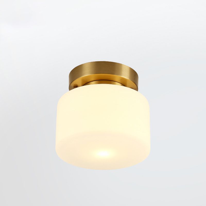 Lámpara de techo cilíndrica de cristal de estilo tradicional, placa de techo de latón, accesorio de iluminación mini para dormitorio de 1 luz